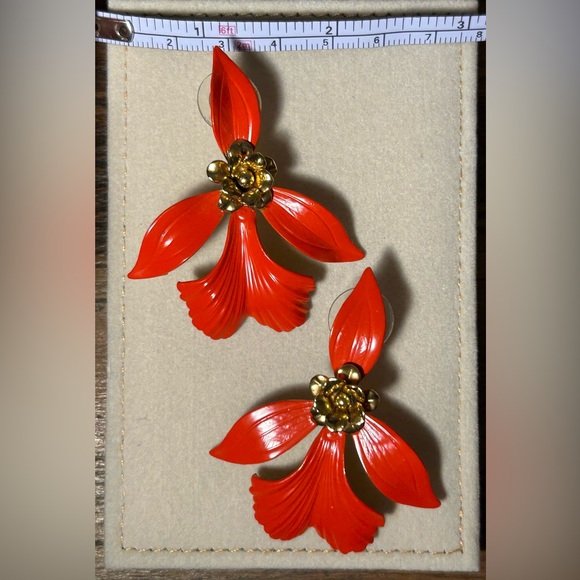 Anthropologie Red Fleur de lis stud earrings with gold back. - Picture 3 of 4